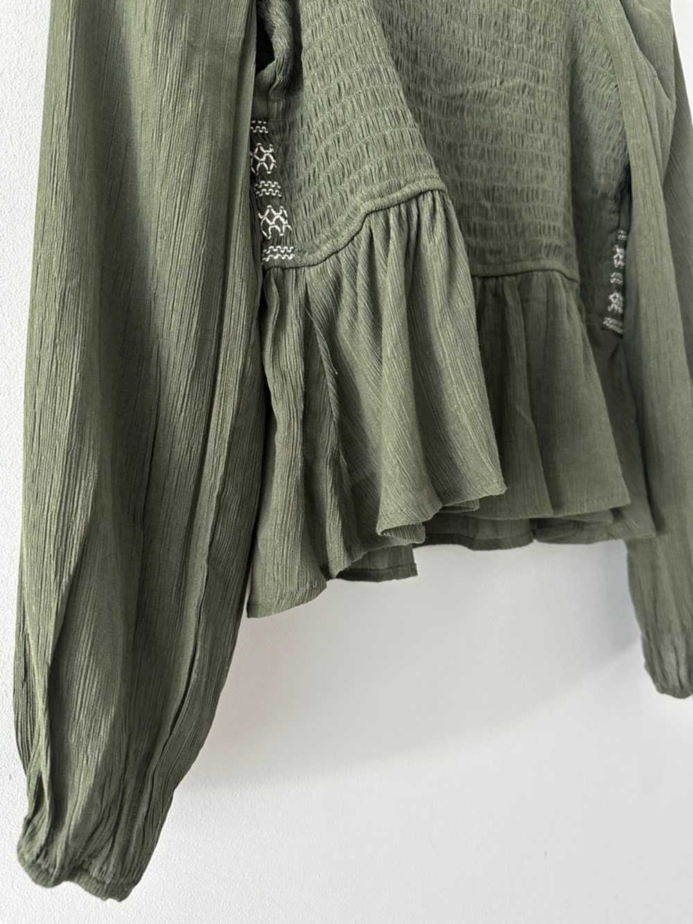 Francesca's Collections Olive Peasant Blouse with Smocked Waist - Picture 8 of 10